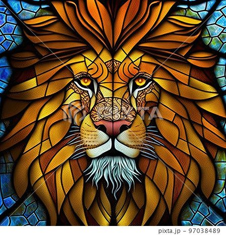 Sained glass style window with lion head.のイラスト素材
