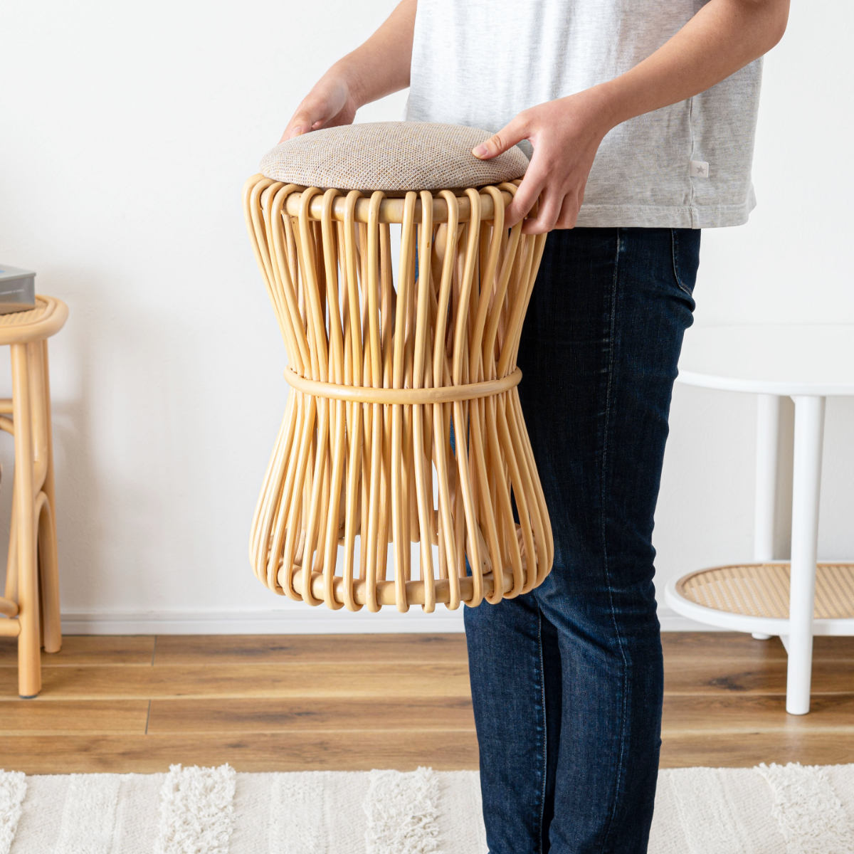 楽天市場】籐 ラウンドスツール 座面高40cm 鼓型 天然木 （ スツール