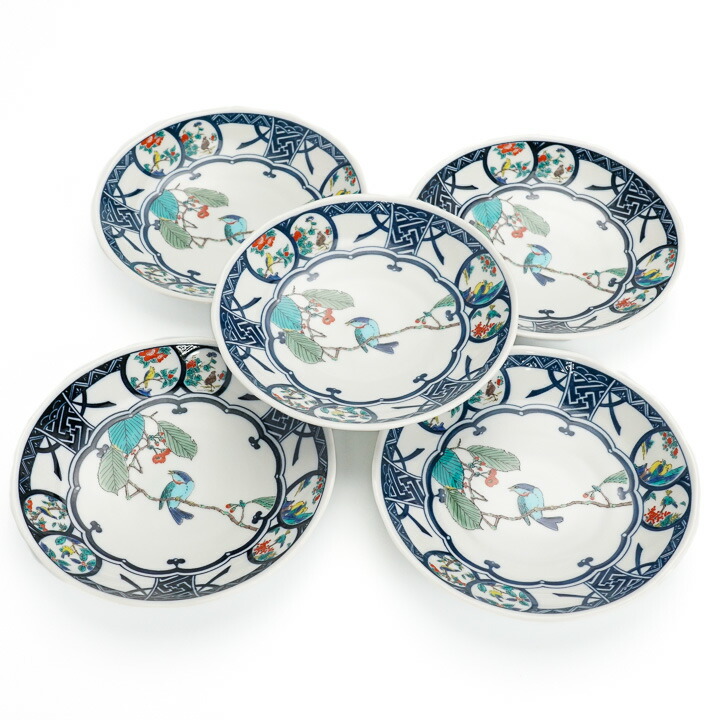 楽天市場】九谷焼 5.8号皿揃 染付丸紋花鳥/青郊窯 5枚セット＜送料無料