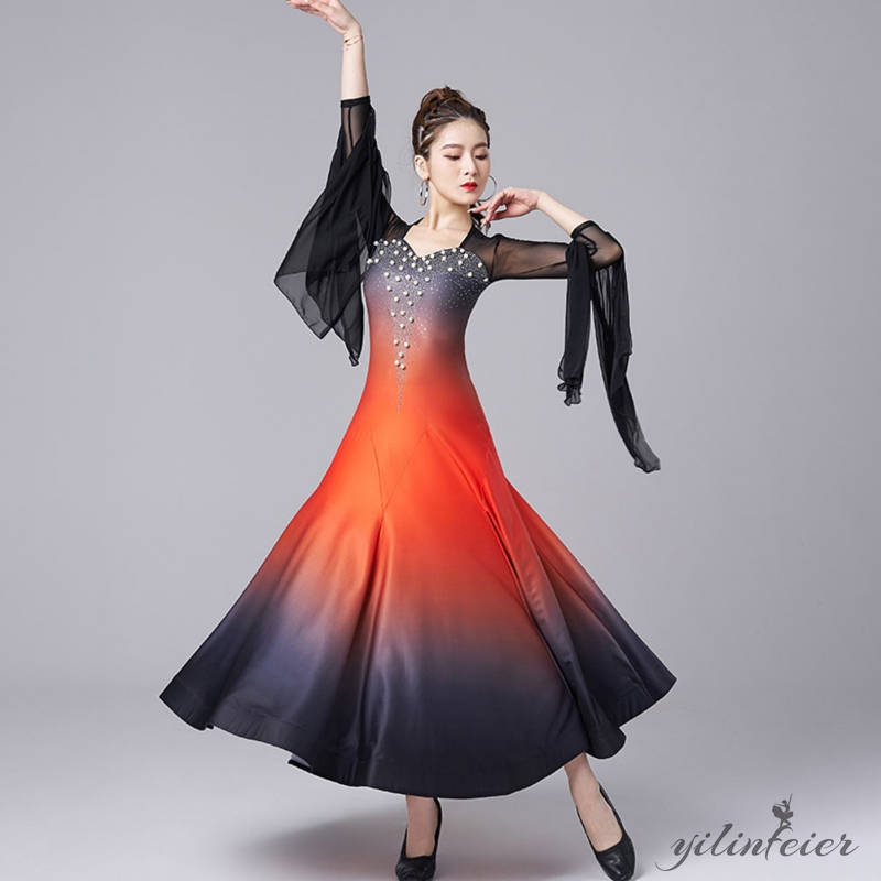 楽天市場】社交ダンスドレス ビーズ飾り 飄逸袖 大きい裾 モダンダンス