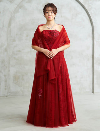 赤 ロングドレス ベアトップ ビジュ刺繍 チュール 肩紐付き 発表会