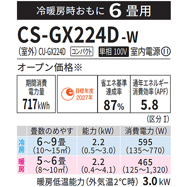 CS-GX224D-W パナソニック ルームエアコン Eolia エオリア GXシリーズ
