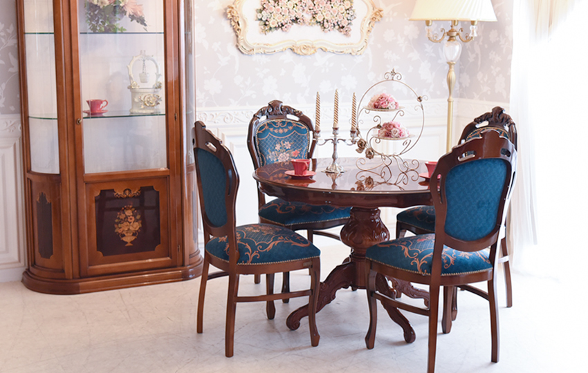 イタリア製 象嵌 ダイニングセット5P 4人掛け 円形 ブルー Φ110cm