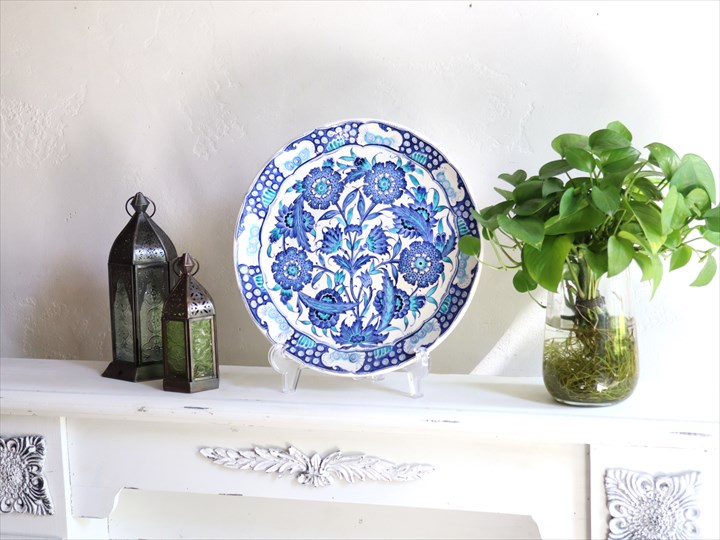 トルコ 手書き絵皿 直径30.5cm 飾り絵皿 ブルーフラワー ミュージアム