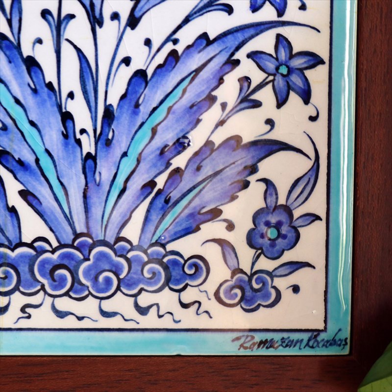 トルコタイル 手書き陶器2枚額 H47×W27×D1.5cm ブルーチューリップ