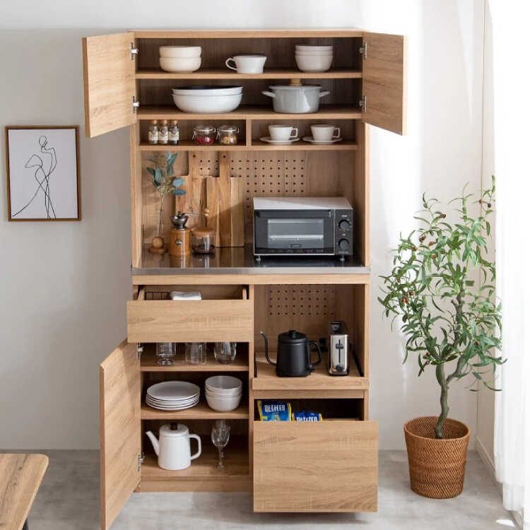 KI-2115 ステンレス天板＆北欧ナチュラル食器棚・幅90cm