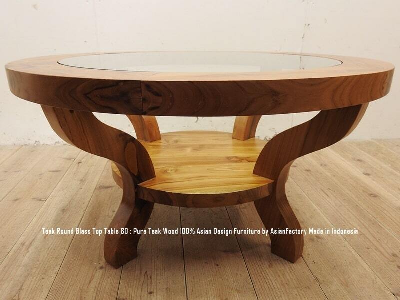 チーク無垢材 アジアン家具 ガラストップテーブル ラウンド 80cm
