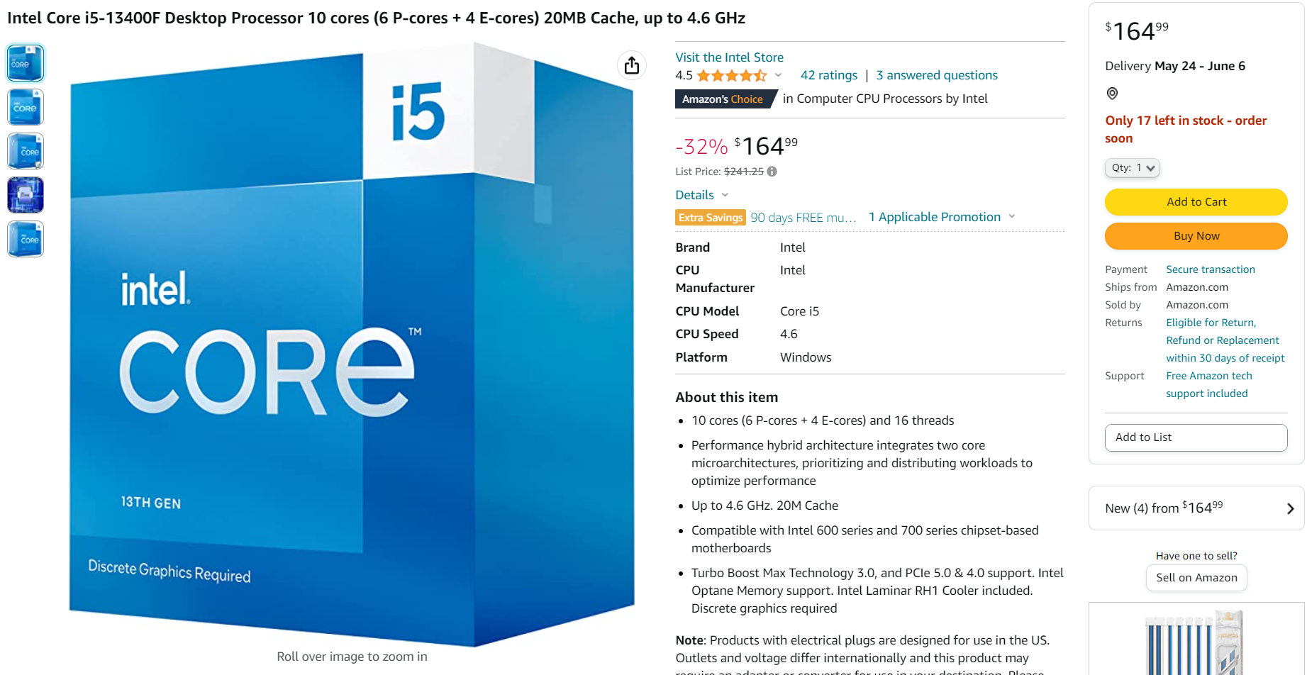 Intel Core i5-13400F 10-Core CPU Drops Down To $165 US Pricing