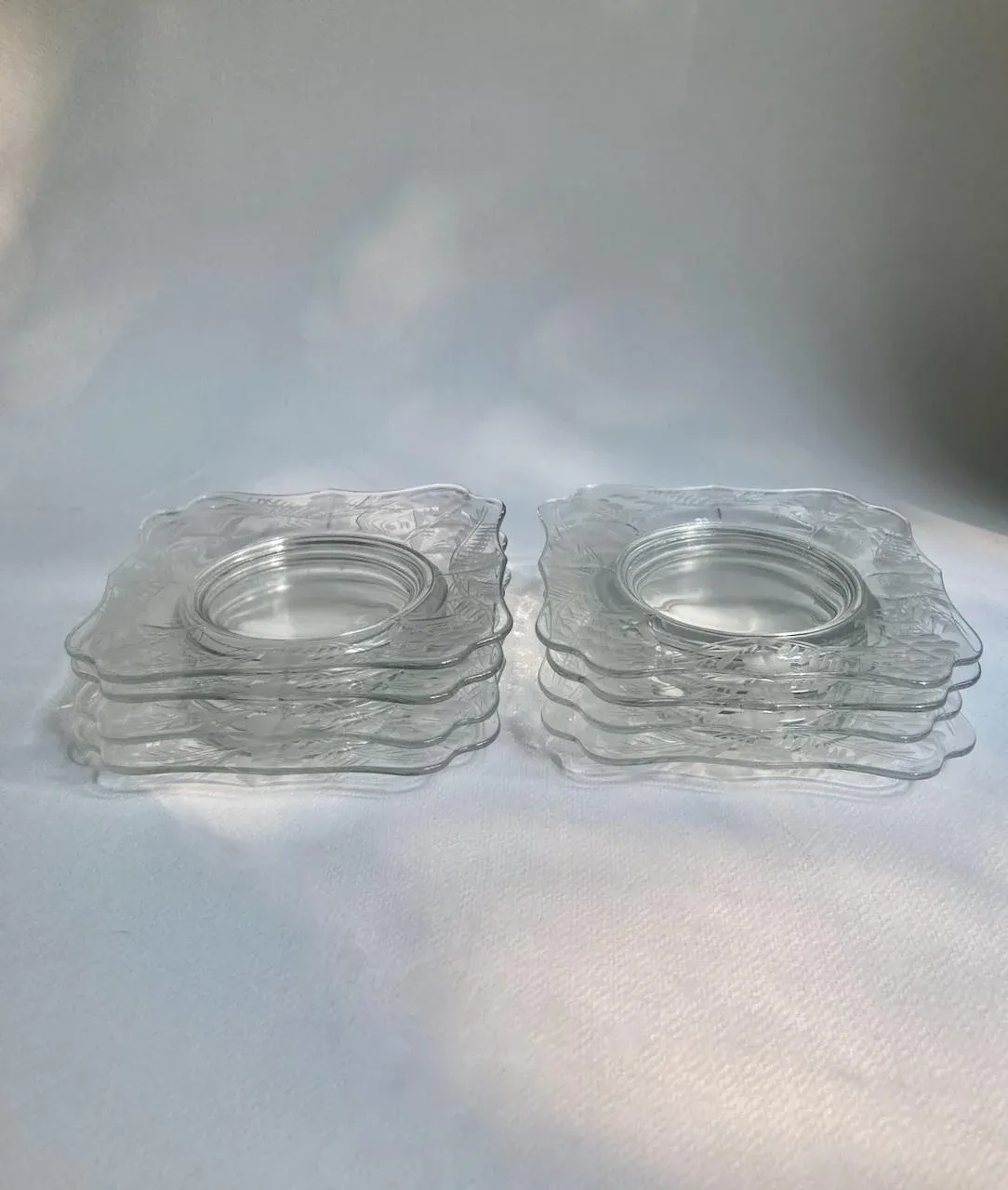 Set of 8 Clear Floral Etched Scalloped Square Glass Plates, 1930's
