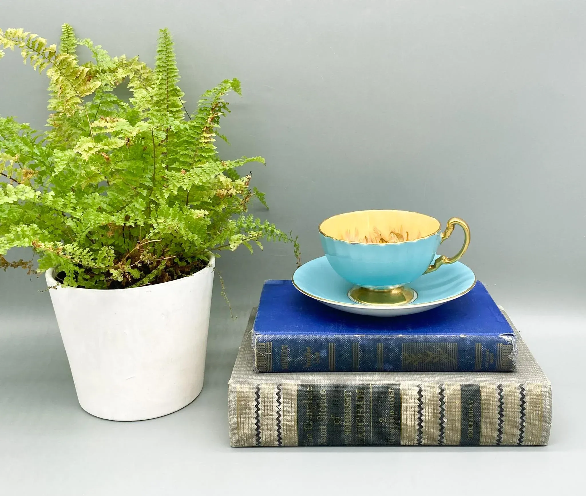 Aynsley Turquoise Fruit Orchard English Teacup & Saucer – Hand