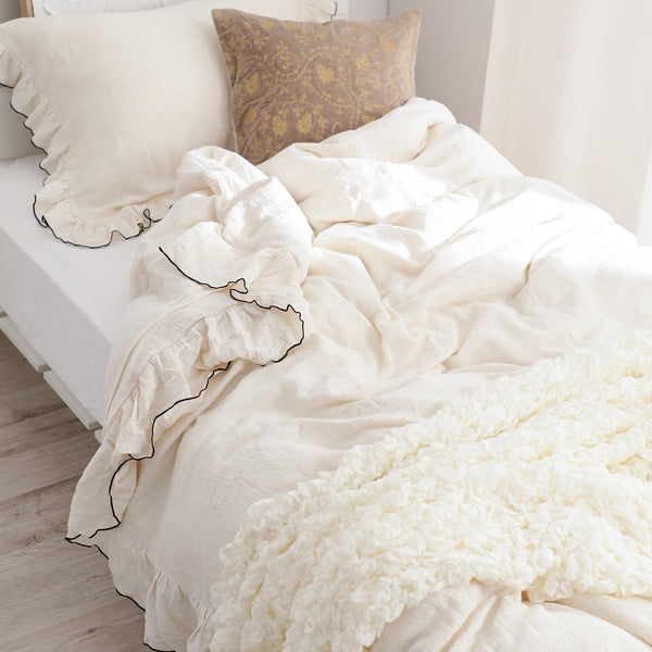 フリル ガーゼ 掛け布団カバー シングル アイボリー×ブラック