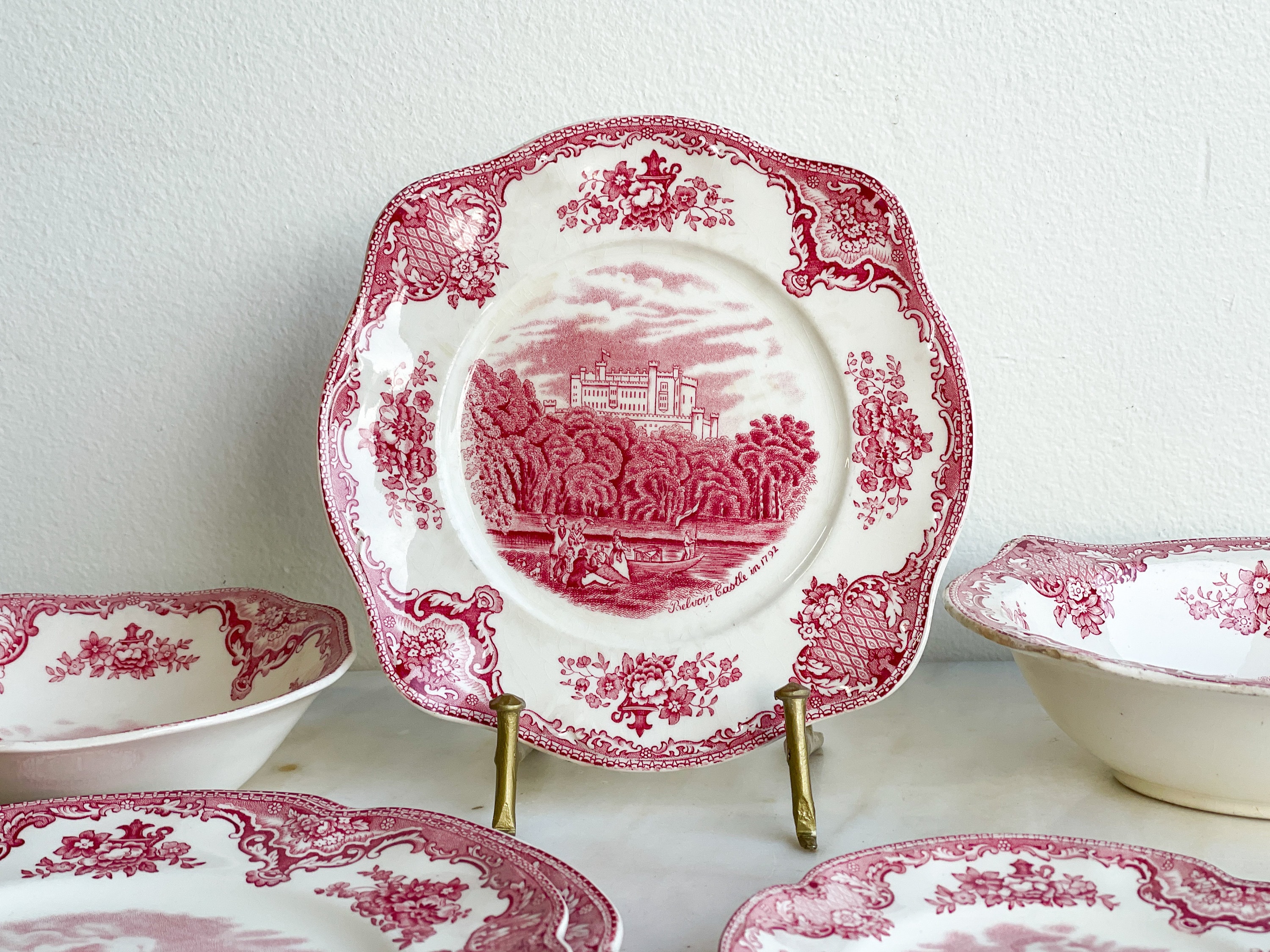 Red and White Transferware Johnson Bros Old Britain Castles China