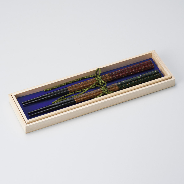 ふたり箸 八角末広ぼかし塗 黒・朱 木製 漆塗り 木箱入り 12-16804