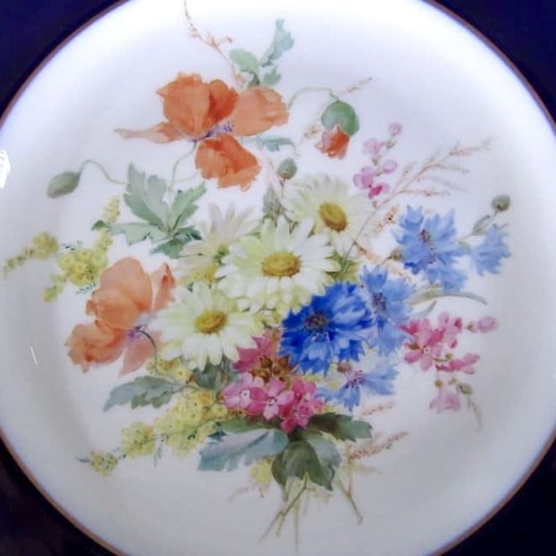 マイセンアンティーク 自然主義フラワーブーケ瑠璃金彩皿25