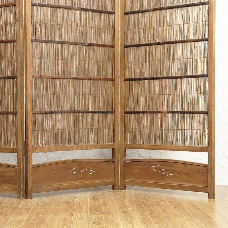 屏風 杉竹製 透かし入り 昭和初期 四連 アンティーク