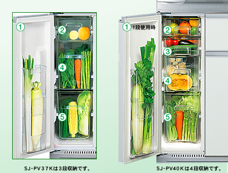 長い野菜も小さな野菜もラクラク収納、「タテ収納・区分け野菜室」。