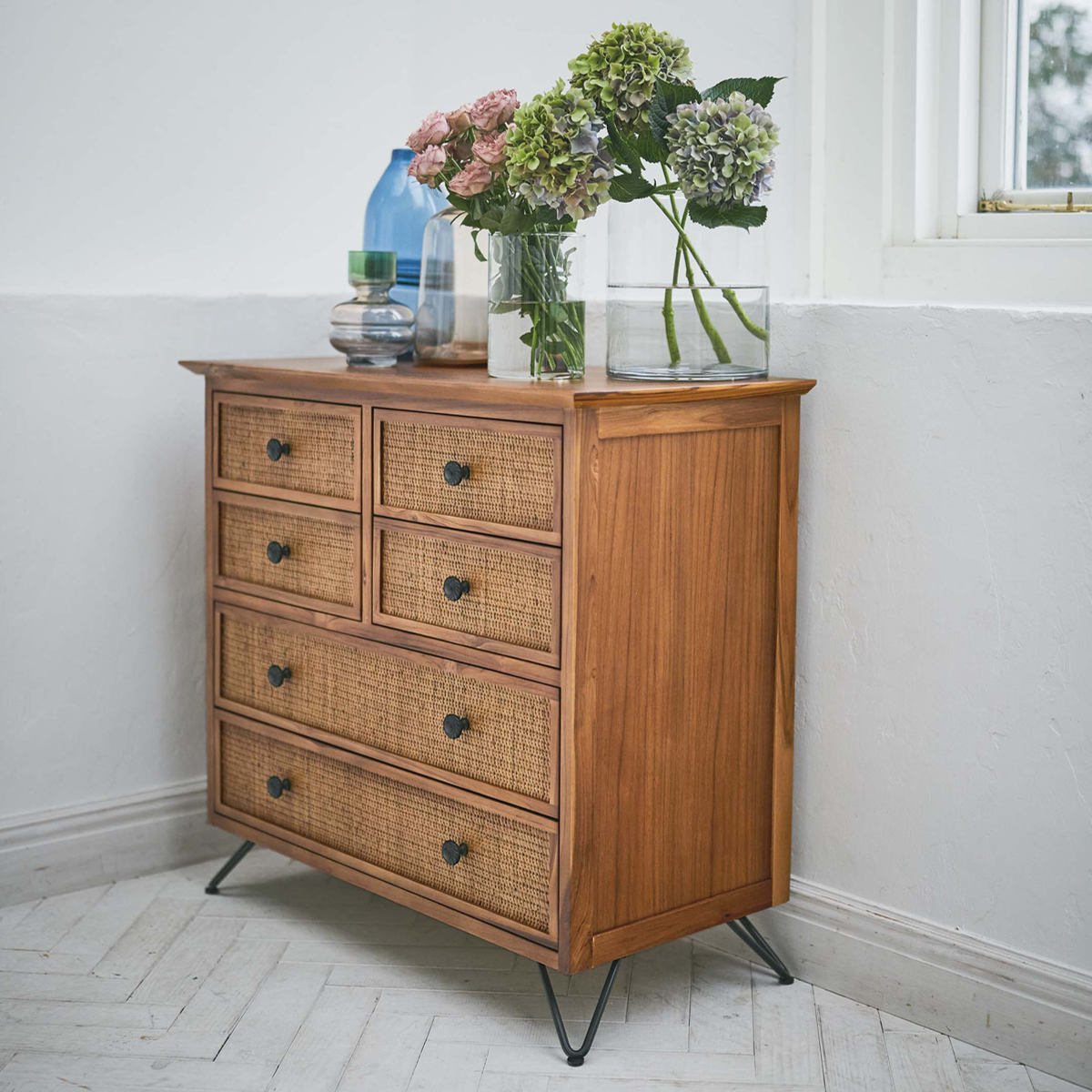 籐 チェスト 4段6杯 エスニック風 チーク材フレーム 幅80cm （ ラタン