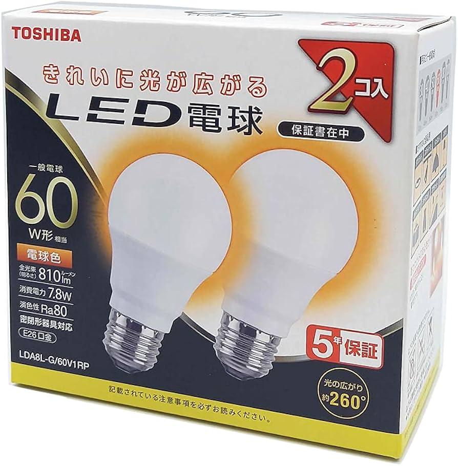 Amazon | TOSHIBA(東芝) LED電球 60W相当 全方向 電球色 E26口金 2P