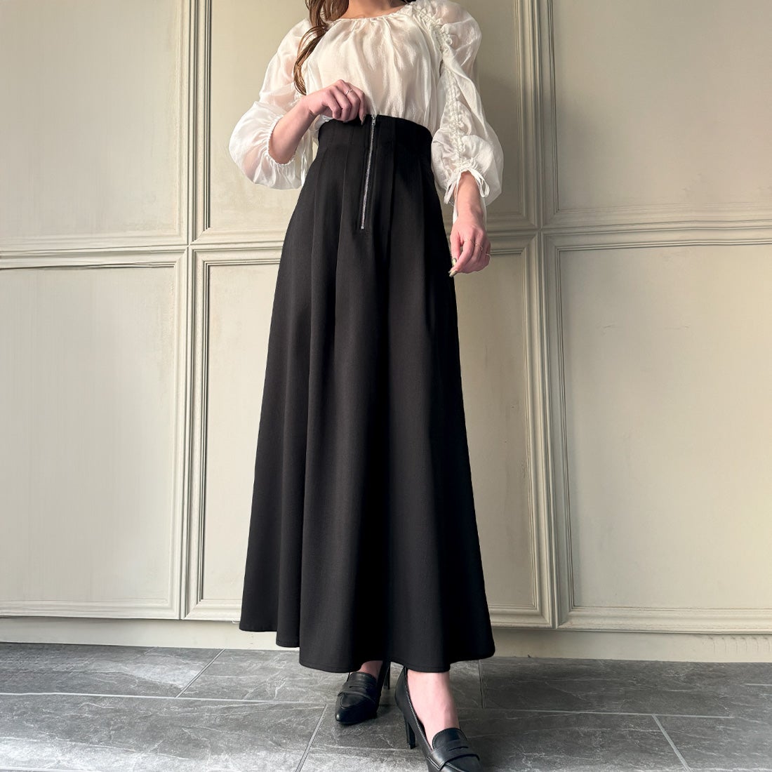 ジュノア JUNOAH ハイウエストフロントジップコルセットフレアスカート