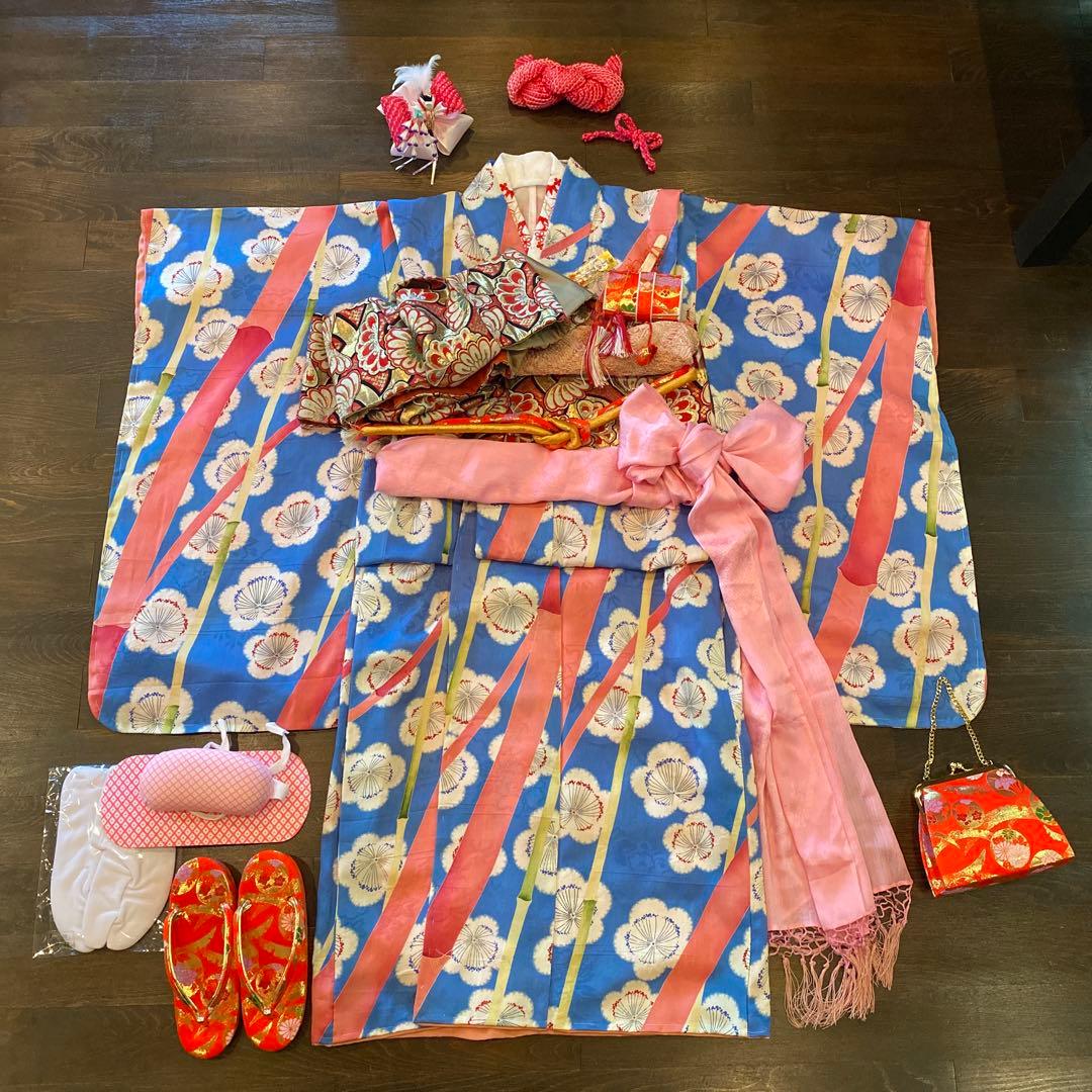 アンティーク 七五三 子供 着物 帯 小物一式 フルセット 大正ロマン 梅 正絹 七五三 着物 3歳 レトロ 753 こども 赤 レンタル 女の子 モダン 大正