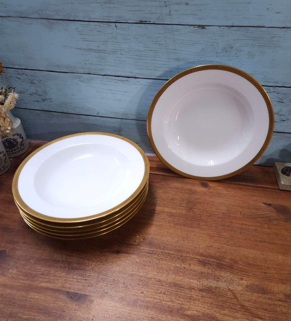 美品☆大倉陶園 OKURA 片葉金蝕 スーププレート 6枚セット 深皿 大倉陶園 片葉金蝕 22cmスープ皿 ( ギフトボックス入り カレー皿