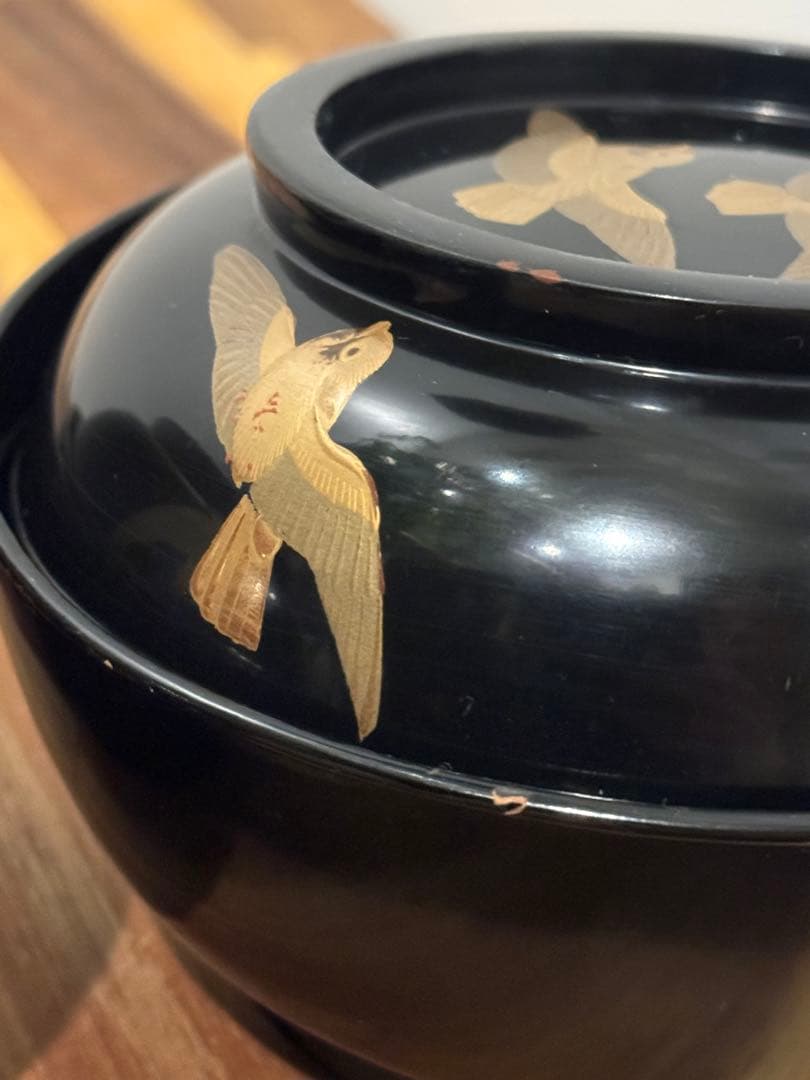 レアな超絶技法　大名本杢漆器　輪島塗　雀椀　見返り麦　2脚のペア　未使用品経年傷