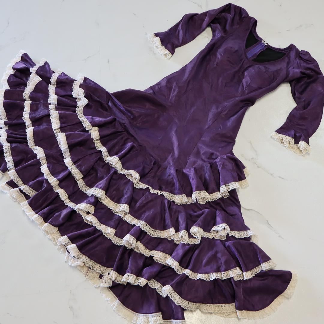 美品 フラメンコ衣装】光沢パープル×柄×レース地 ドレス Flamenco