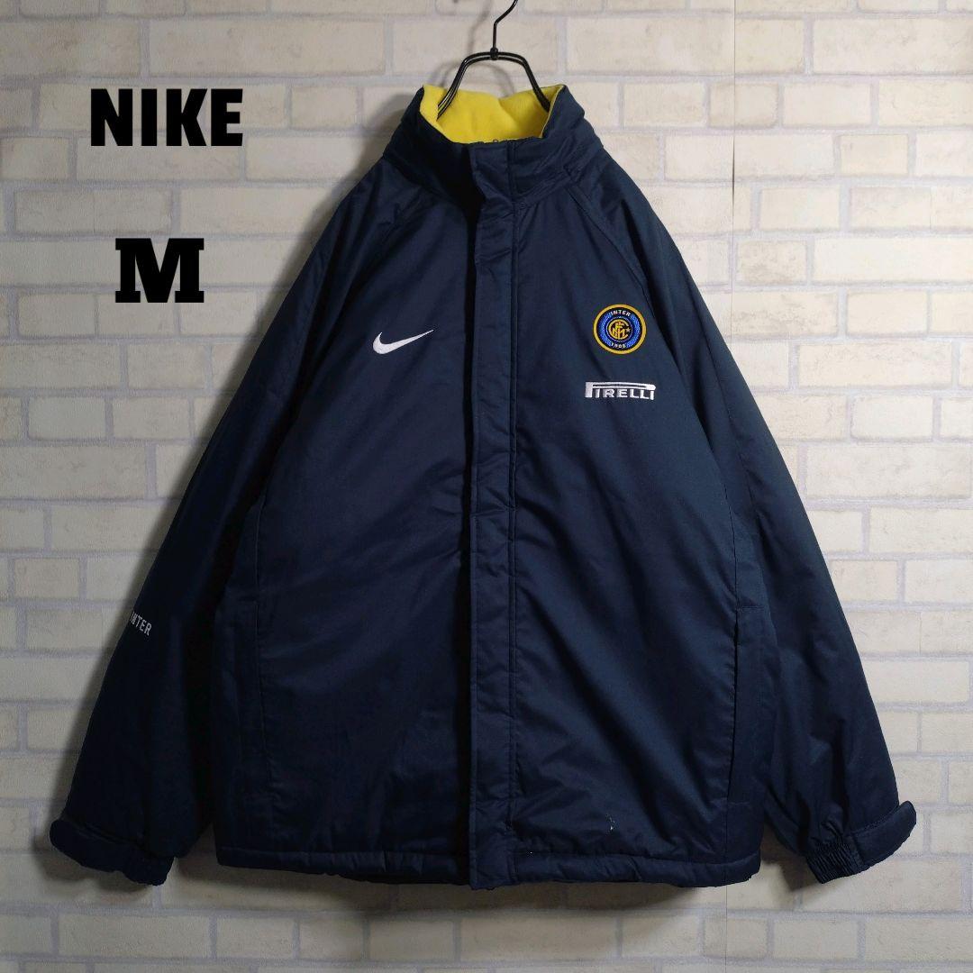 ナイキ★00s インテル 刺繍ロゴ 裏フリース 中綿 ナイロンジャケット 紺 M NIKE ナイキ 裏フリース ナイロンジャケット フード付き ネイビー