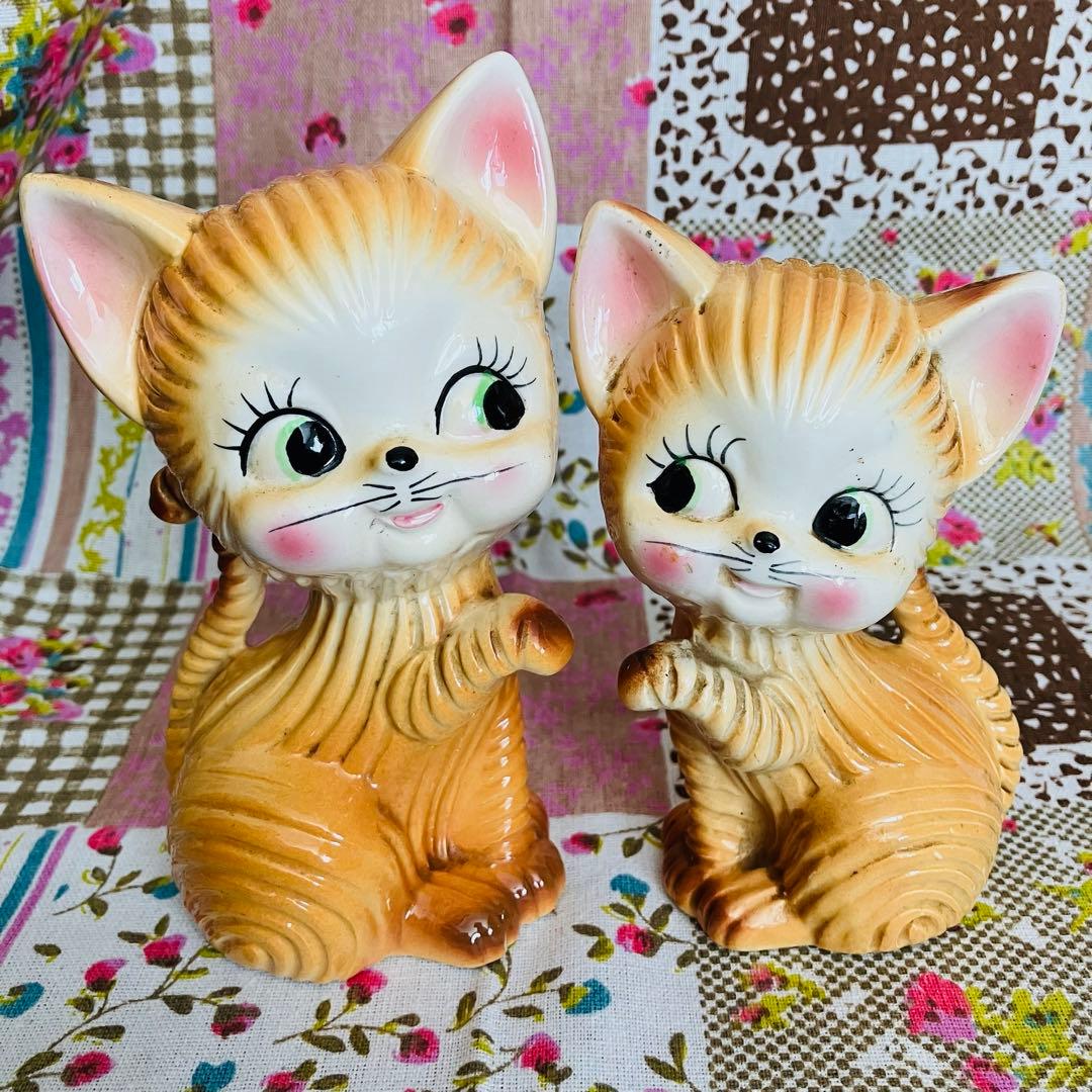 当時物／レトロ 猫の置物 ペア 陶器 アンティーク オブジェ レトロ