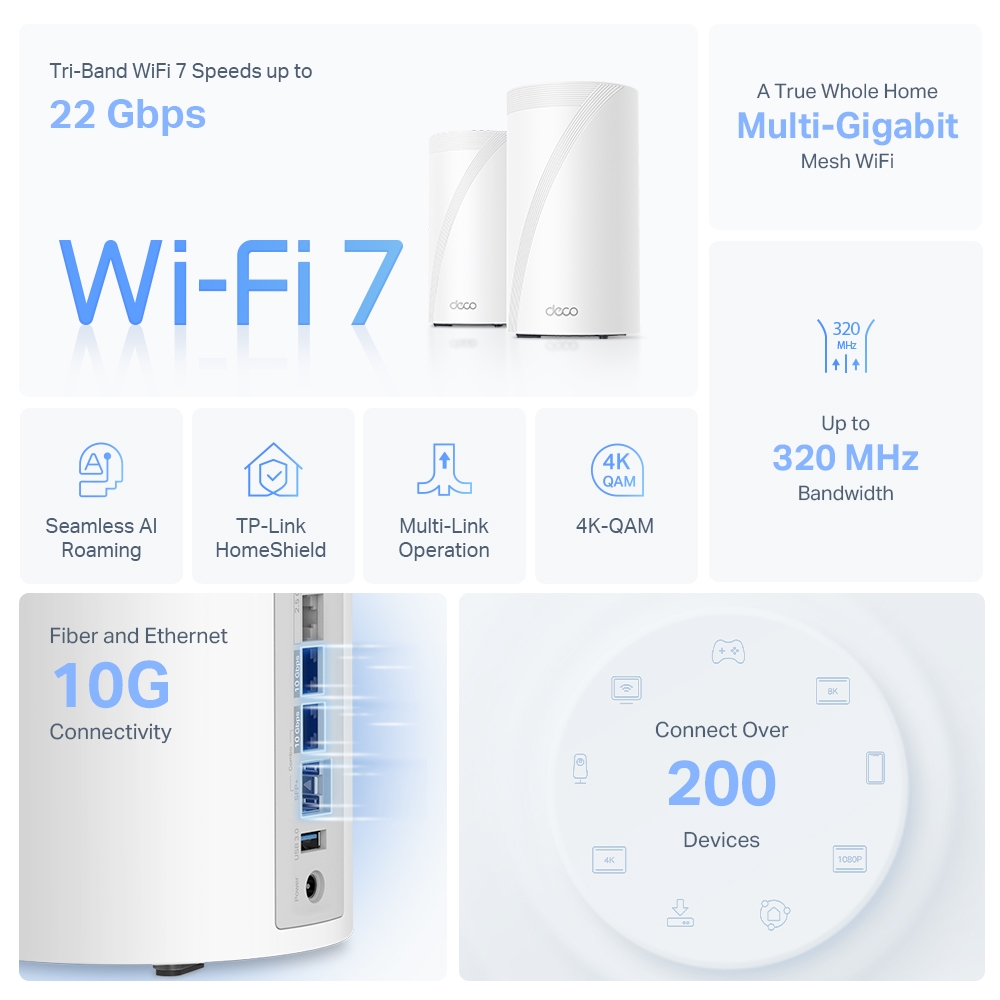 Deco BE85 | BE22000 Tri-Band Whole Home Mesh WiFi 7 System | TP
